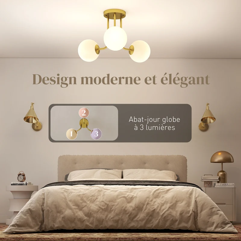 Plafonnier trois lumières abat-jours globes 42 x 42 x 26,5 cm diffusion douce ambiance cosy contemporain en métal doré 21_0007068