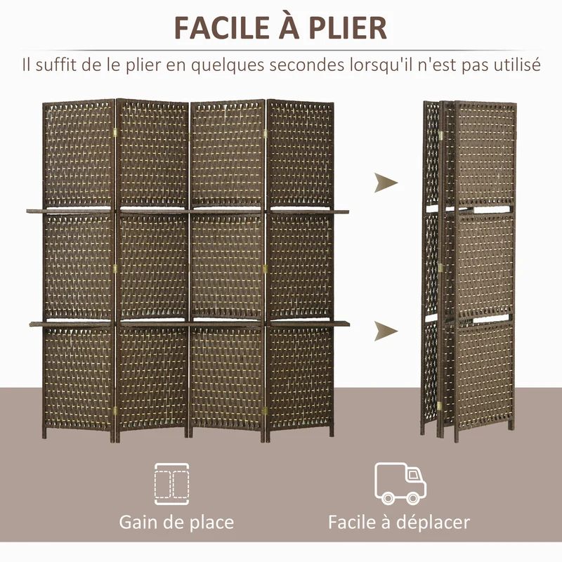 Paravent intérieur 4 panneaux 181 x 180 x 1,6 cm pliable gain d'intimité rustique décoratif ambiance cosy en bois marron 21_0001249