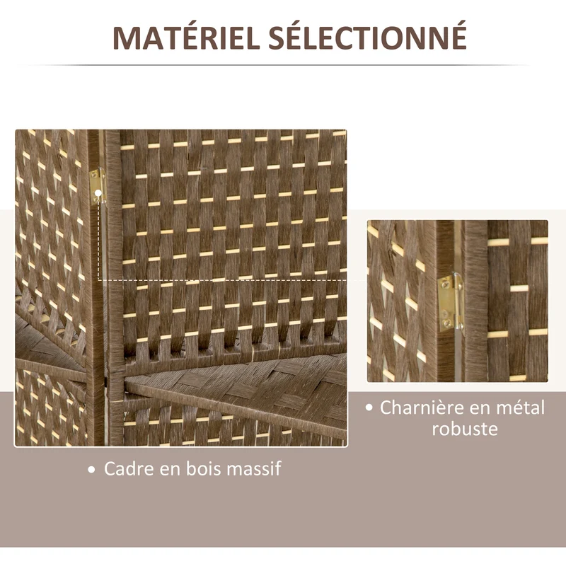 Paravent intérieur 4 panneaux 181 x 180 x 1,6 cm pliable gain d'intimité rustique décoratif ambiance cosy en bois marron 21_0001249