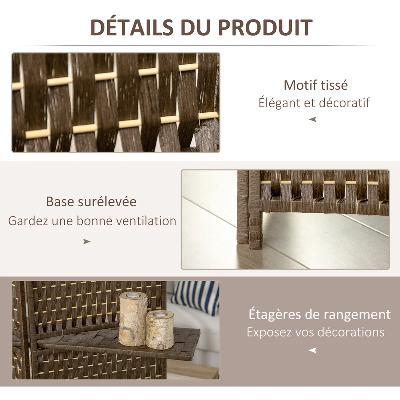 Paravent intérieur 4 panneaux 181 x 180 x 1,6 cm pliable gain d'intimité rustique décoratif ambiance cosy en bois marron 21_0001249