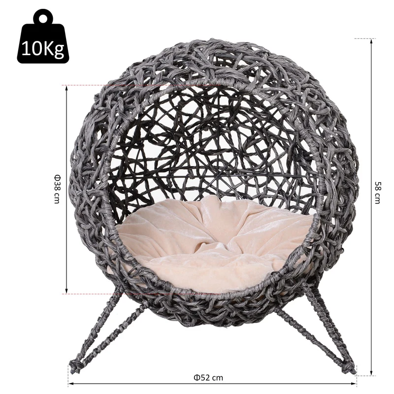 Panier pour chat niche surélevée boule 52 x 52 x 58 cm coussin amovible moelleux entrée design scandinave en résine gris 21_0007633