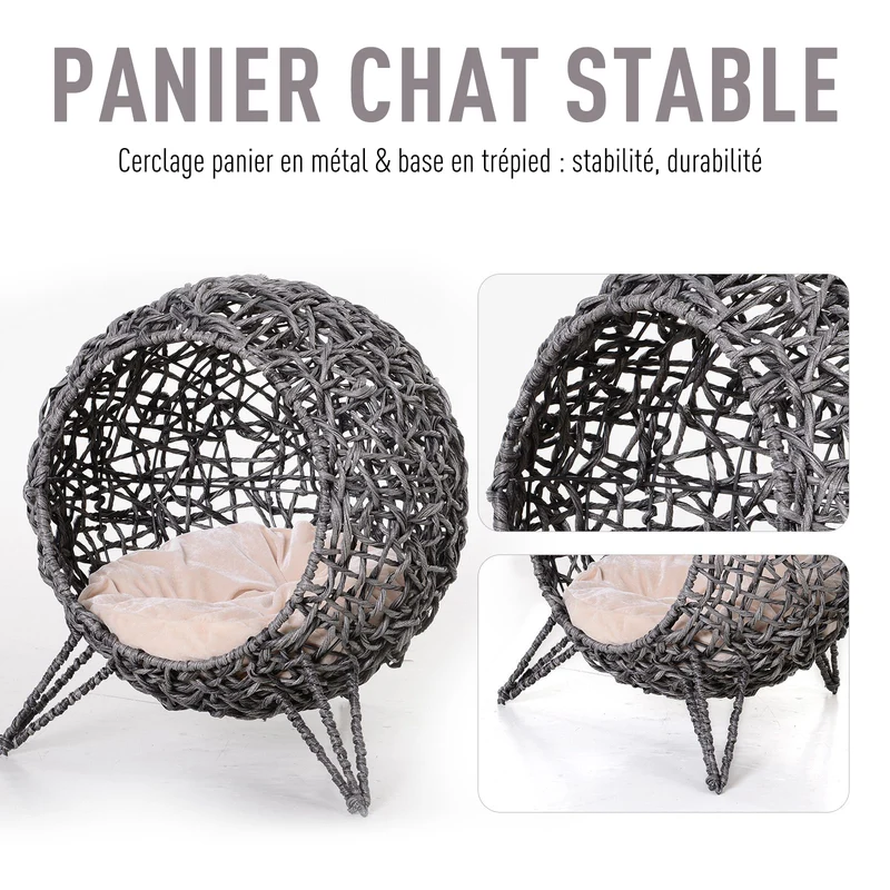 Panier pour chat niche surélevée boule 52 x 52 x 58 cm coussin amovible moelleux entrée design scandinave en résine gris 21_0007633