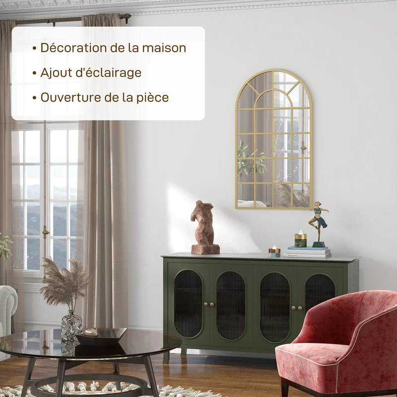 Miroir verrière arche 110 x 65 x 2,5 cm agrandit l'espace à fixer ou poser style industriel décoratif en métal doré 21_0001292