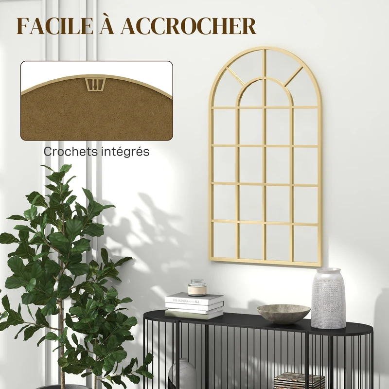 Miroir verrière arche 110 x 65 x 2,5 cm agrandit l'espace à fixer ou poser style industriel décoratif en métal doré 21_0001292