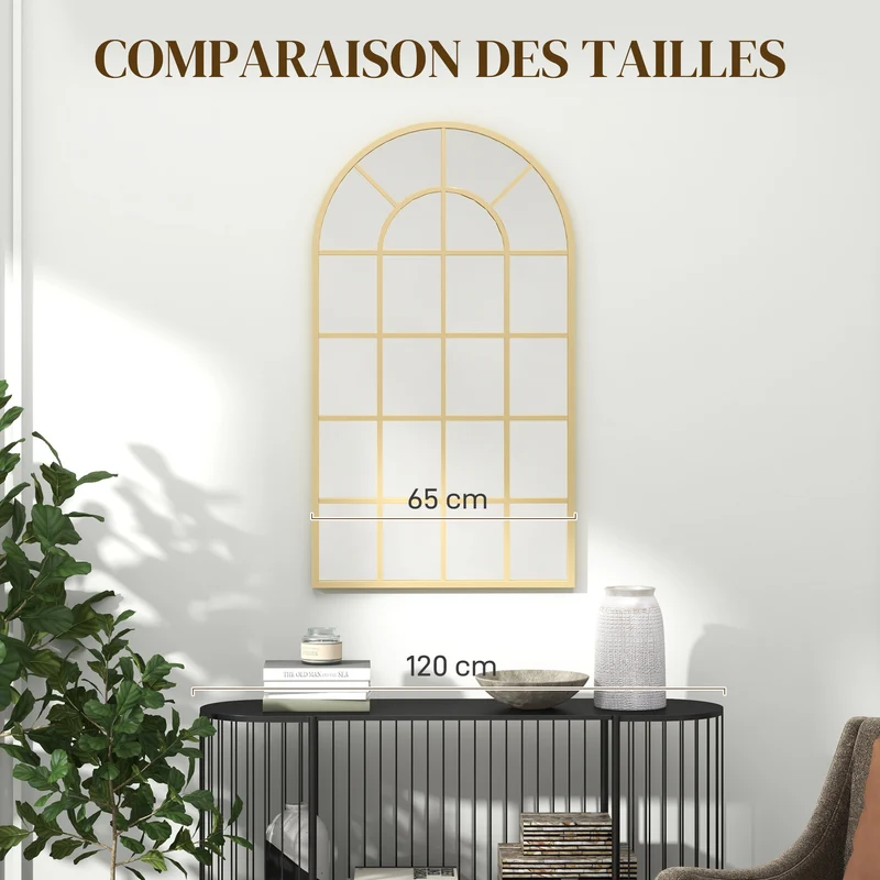 Miroir verrière arche 110 x 65 x 2,5 cm agrandit l'espace à fixer ou poser style industriel décoratif en métal doré 21_0001292