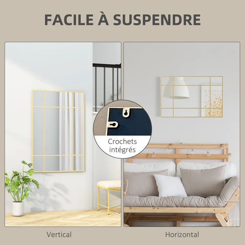 Miroir mural verrière rectangulaire 90 x 2 x 60 cm agrandit et illumine avec 4 crochets style industriel en métal doré 21_0001348