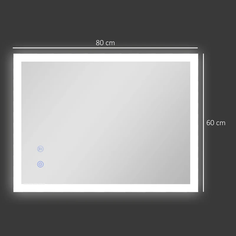 Miroir mural lumineux de salle de bain 80 x 60 x 3 cm éclairage led réglable antibuée moderne épuré en verre transparent 21_0001963