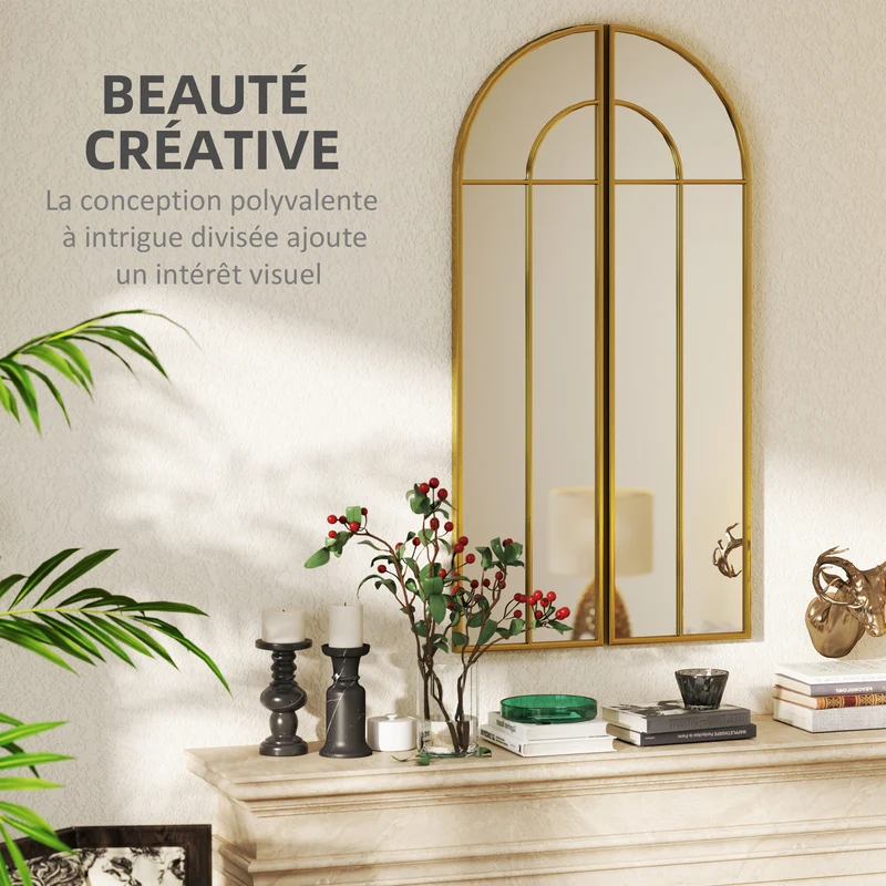 Miroir mural arc salon chambre couloir 30 x 120 x 3 cm grand effet profondeur lumière élégant contemporain en métal doré 21_0001388