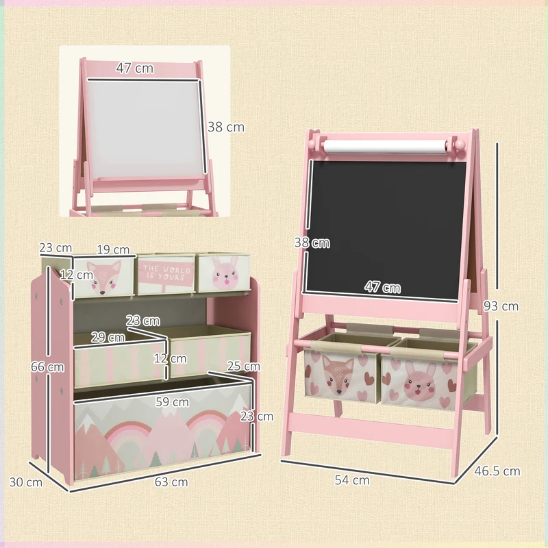 Meuble à jouets chevalet 3 en 1 63 x 30 x 66 cm tableau double face rangement compact scandinave minimaliste en MDF rose 21_0000710