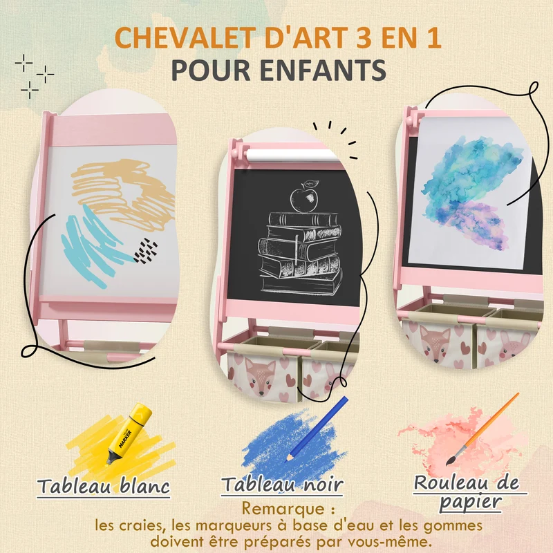 Meuble à jouets chevalet 3 en 1 63 x 30 x 66 cm tableau double face rangement compact scandinave minimaliste en MDF rose 21_0000710