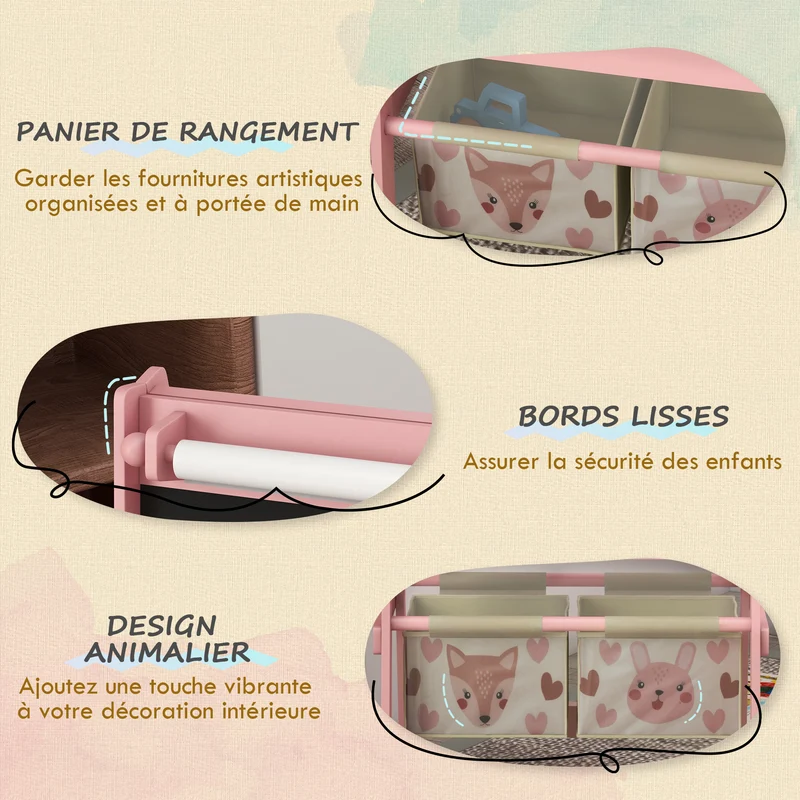 Meuble à jouets chevalet 3 en 1 63 x 30 x 66 cm tableau double face rangement compact scandinave minimaliste en MDF rose 21_0000710