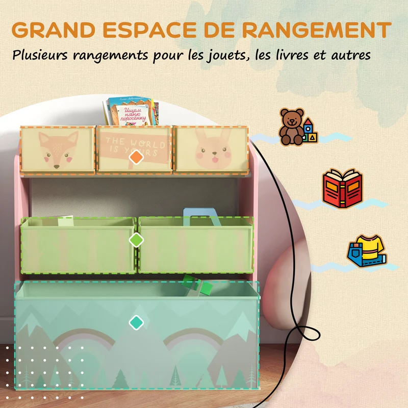 Meuble à jouets chevalet 3 en 1 63 x 30 x 66 cm tableau double face rangement compact scandinave minimaliste en MDF rose 21_0000710
