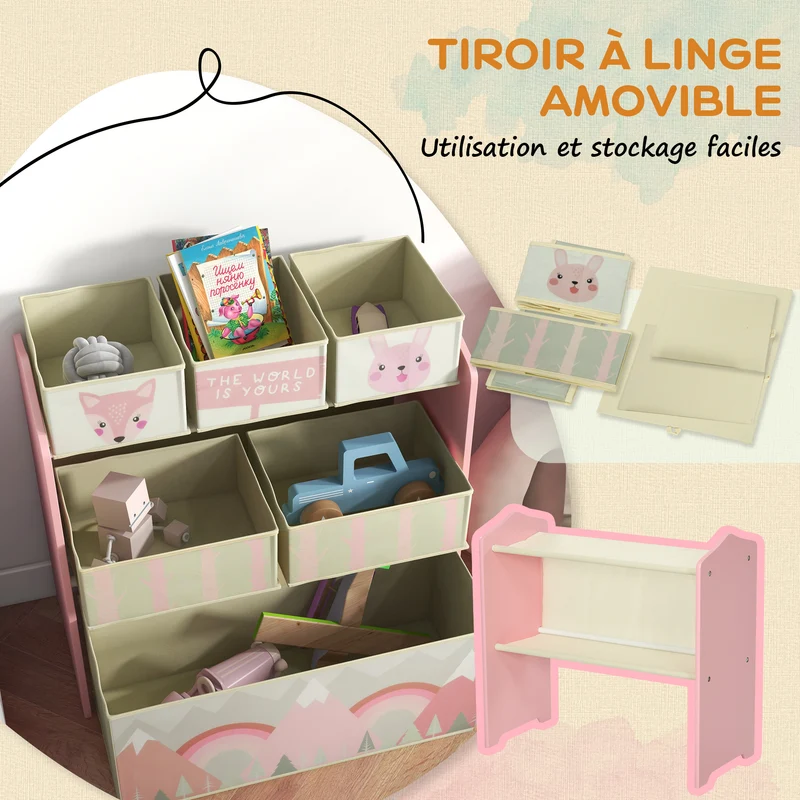 Meuble à jouets chevalet 3 en 1 63 x 30 x 66 cm tableau double face rangement compact scandinave minimaliste en MDF rose 21_0000710