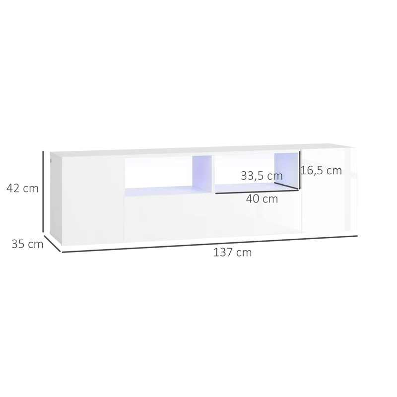 Meuble tv jusqu'à 60 pouces 137 x 35 x 42 cm rangement avec placard éclairage led moderne en panneau de particules blanc 21_0003108