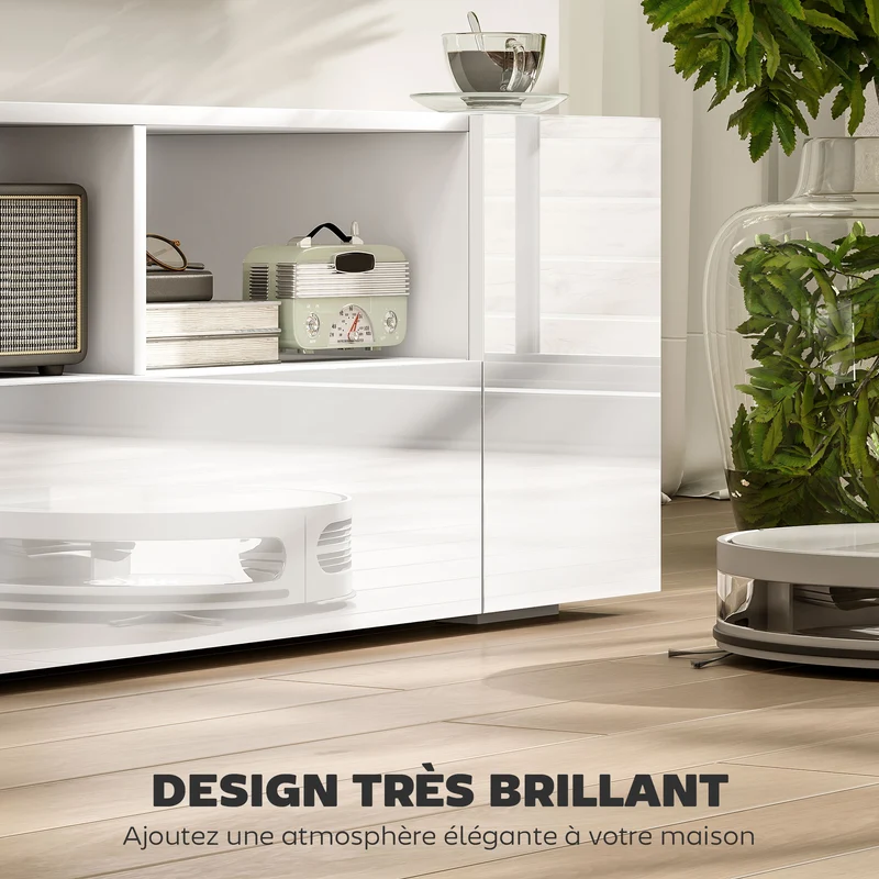 Meuble tv jusqu'à 60 pouces 137 x 35 x 42 cm rangement avec placard éclairage led moderne en panneau de particules blanc 21_0003108