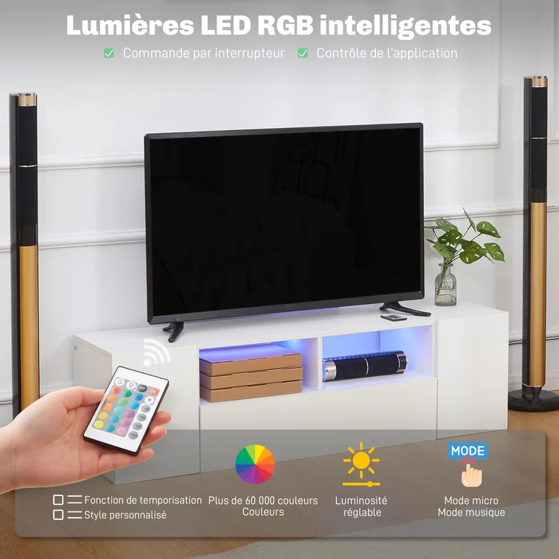 Meuble tv jusqu'à 60 pouces 137 x 35 x 42 cm rangement avec placard éclairage led moderne en panneau de particules blanc 21_0003108