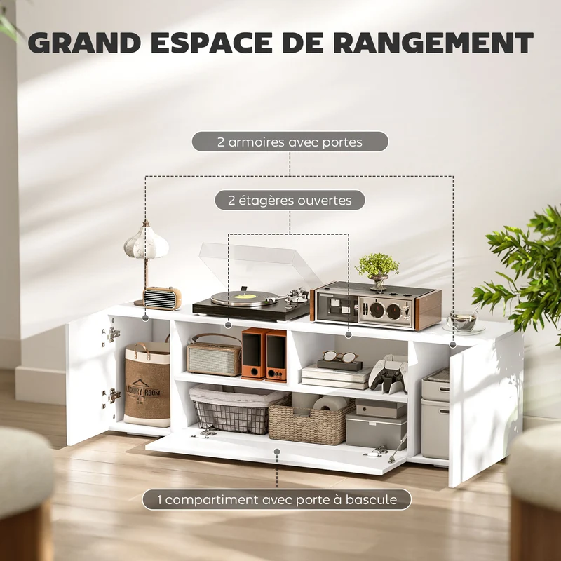 Meuble tv jusqu'à 60 pouces 137 x 35 x 42 cm rangement avec placard éclairage led moderne en panneau de particules blanc 21_0003108
