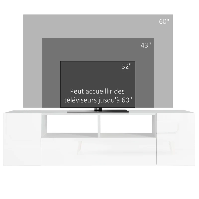 Meuble tv jusqu'à 60 pouces 137 x 35 x 42 cm rangement avec placard éclairage led moderne en panneau de particules blanc 21_0003108