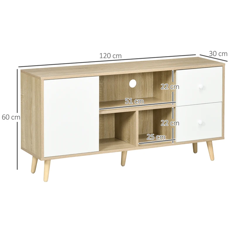 Meuble bas pour écran 45 pouces 120 x 30 x 60 cm 3 niches 1 placard rangement scandinave en panneau de particules blanc 21_0003062