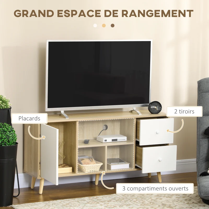 Meuble bas pour écran 45 pouces 120 x 30 x 60 cm 3 niches 1 placard rangement scandinave en panneau de particules blanc 21_0003062