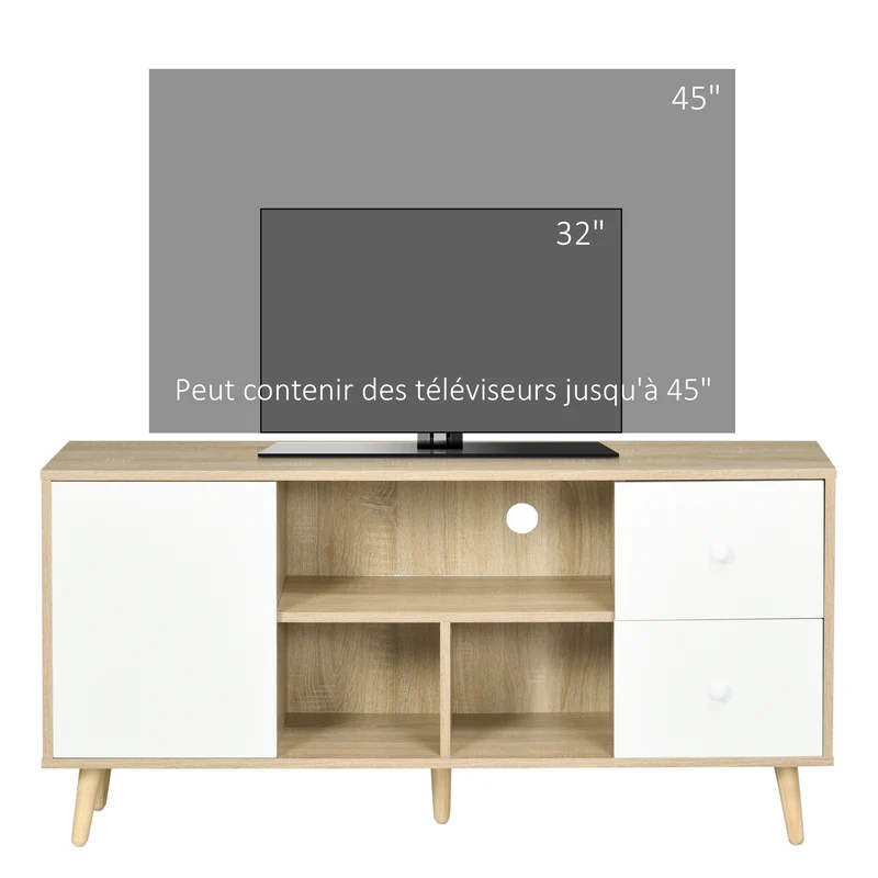 Meuble bas pour écran 45 pouces 120 x 30 x 60 cm 3 niches 1 placard rangement scandinave en panneau de particules blanc 21_0003062