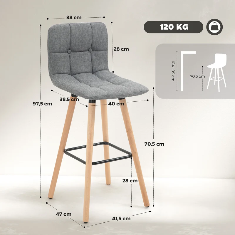 Lot de 2 tabourets de bar 41,5 x 47 x 97,5 cm capitonnés dossier et repose-pieds confort moderne cosy en polyester gris 21_0002253