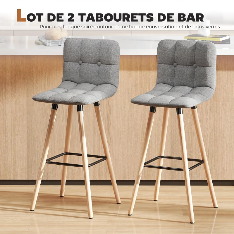 Lot de 2 tabourets de bar 41,5 x 47 x 97,5 cm capitonnés dossier et repose-pieds confort moderne cosy en polyester gris 21_0002253