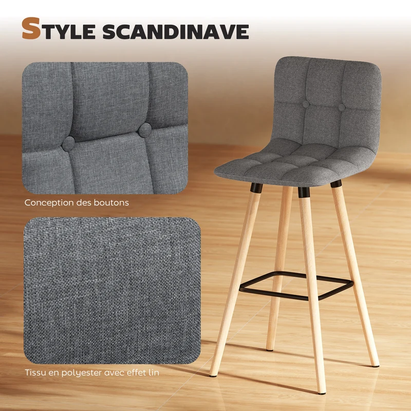 Lot de 2 tabourets de bar 41,5 x 47 x 97,5 cm capitonnés dossier et repose-pieds confort moderne cosy en polyester gris 21_0002253