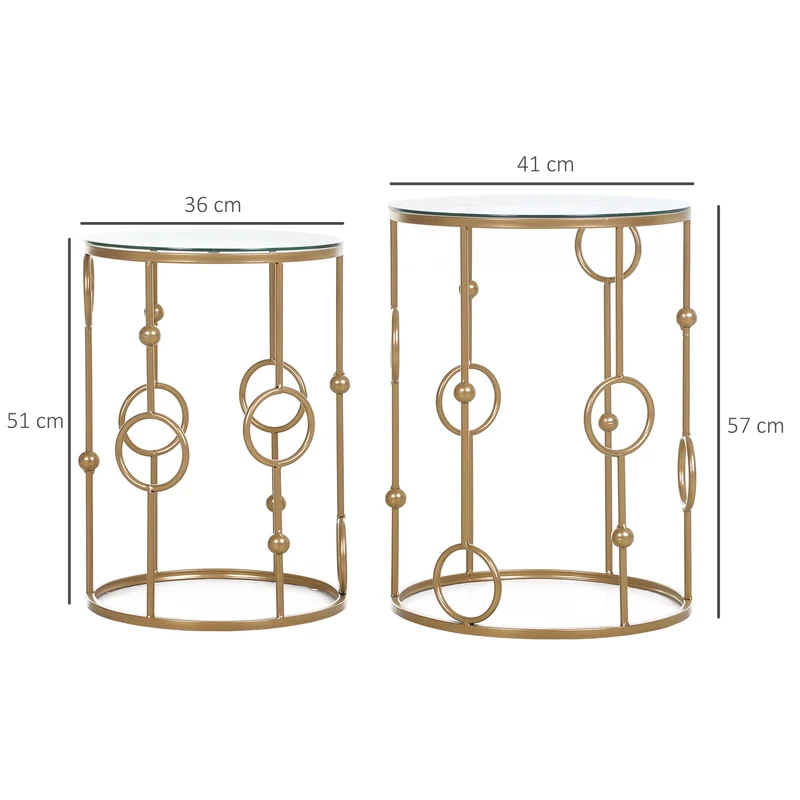 Lot de 2 tables gigognes rondes salon bout de canapé 41 x 57 cm et 36 x 51 cm empilables élégantes art déco en métal doré 21_0001758