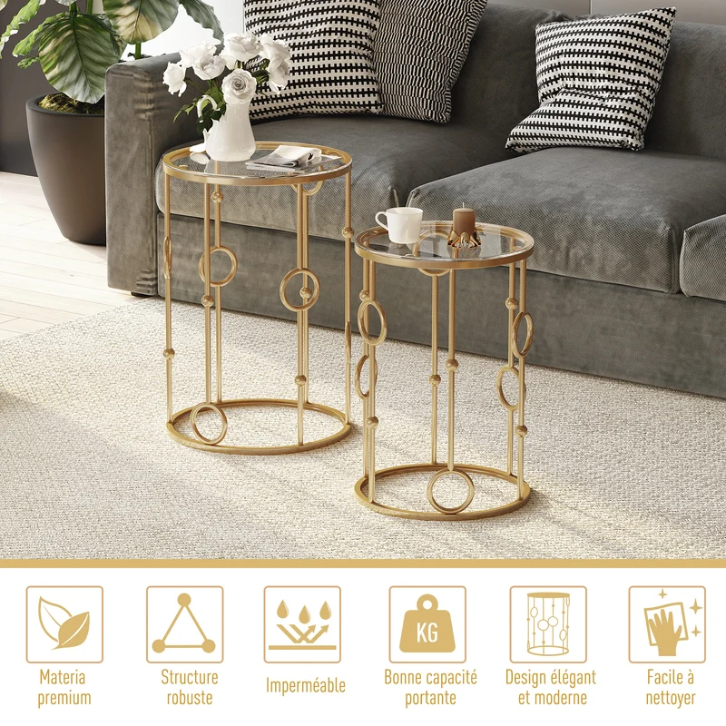 Lot de 2 tables gigognes rondes salon bout de canapé 41 x 57 cm et 36 x 51 cm empilables élégantes art déco en métal doré 21_0001758