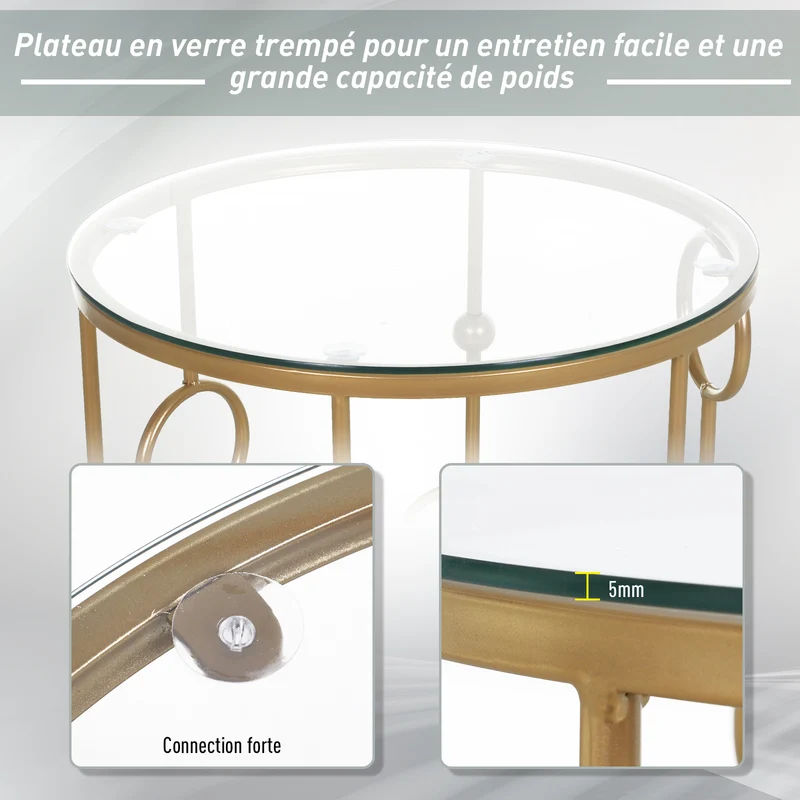 Lot de 2 tables gigognes rondes salon bout de canapé 41 x 57 cm et 36 x 51 cm empilables élégantes art déco en métal doré 21_0001758