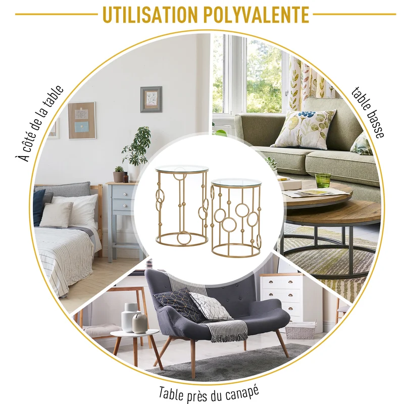 Lot de 2 tables gigognes rondes salon bout de canapé 41 x 57 cm et 36 x 51 cm empilables élégantes art déco en métal doré 21_0001758