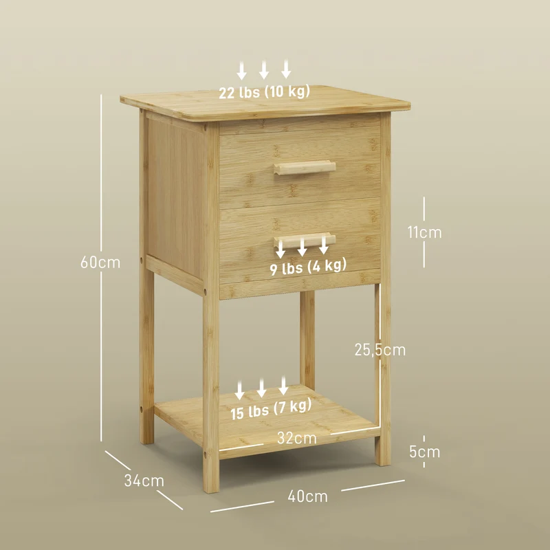Lot de 2 tables de nuit 40 x 34 x 60 cm rangement optimisé finition vernie style scandinave épuré en bambou naturel 21_0001590