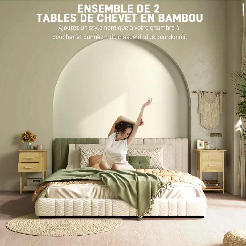 Lot de 2 tables de nuit 40 x 34 x 60 cm rangement optimisé finition vernie style scandinave épuré en bambou naturel 21_0001590