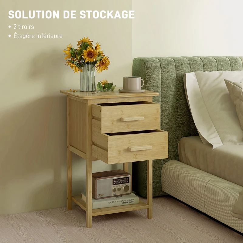 Lot de 2 tables de nuit 40 x 34 x 60 cm rangement optimisé finition vernie style scandinave épuré en bambou naturel 21_0001590