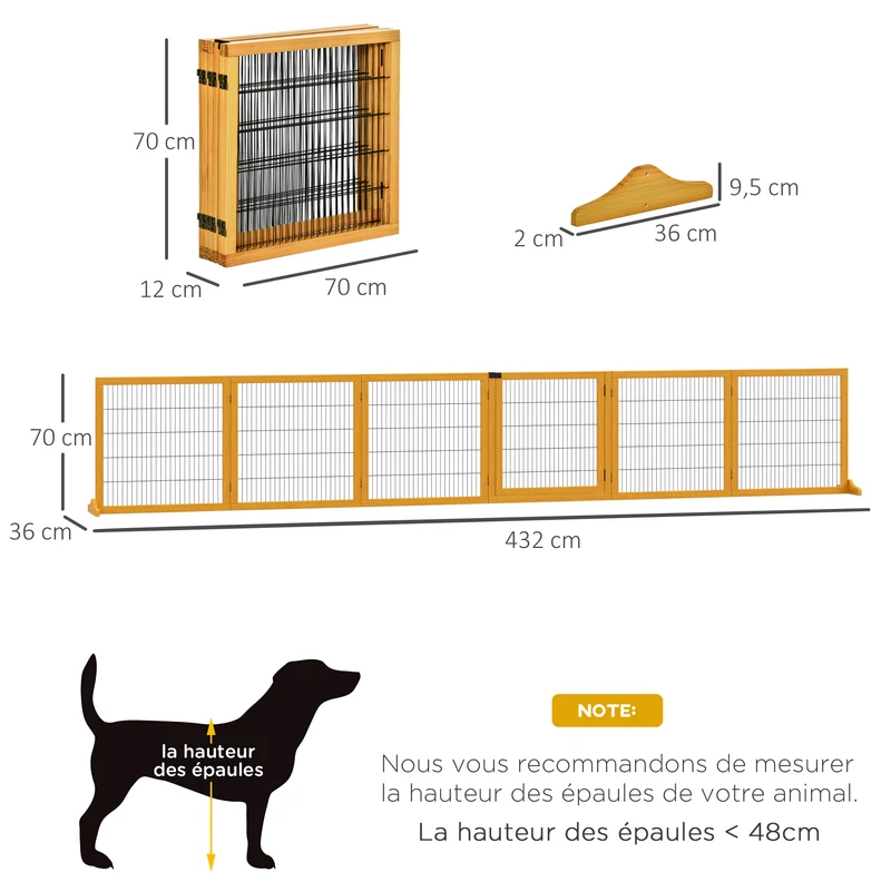 Lot de 2 barrières de sécurité pour chien modulables 432 x 36 x 70 cm pliables rustique décoratif en bois de pin jaune 21_0007503
