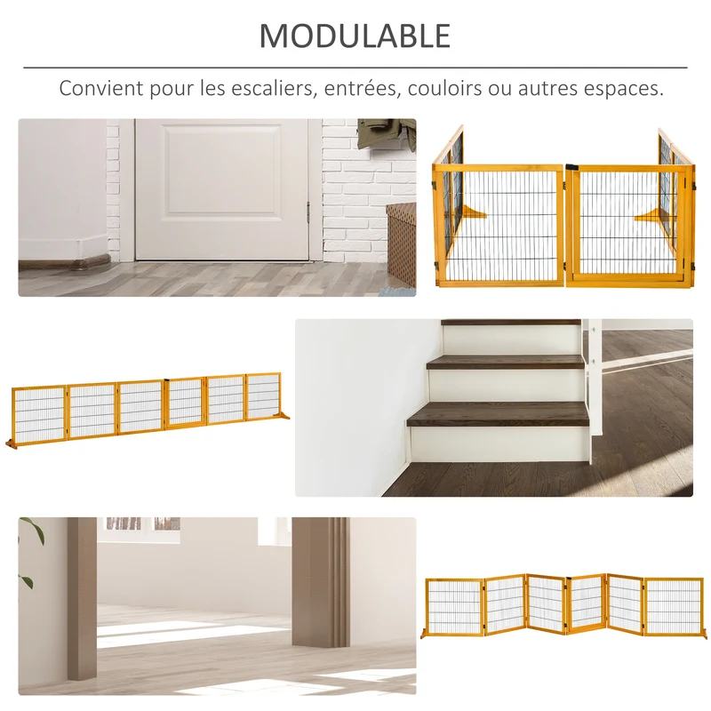 Lot de 2 barrières de sécurité pour chien modulables 432 x 36 x 70 cm pliables rustique décoratif en bois de pin jaune 21_0007503