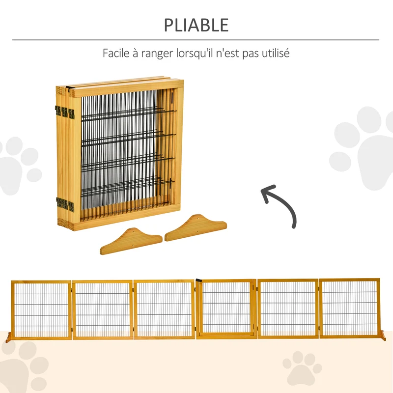 Lot de 2 barrières de sécurité pour chien modulables 432 x 36 x 70 cm pliables rustique décoratif en bois de pin jaune 21_0007503