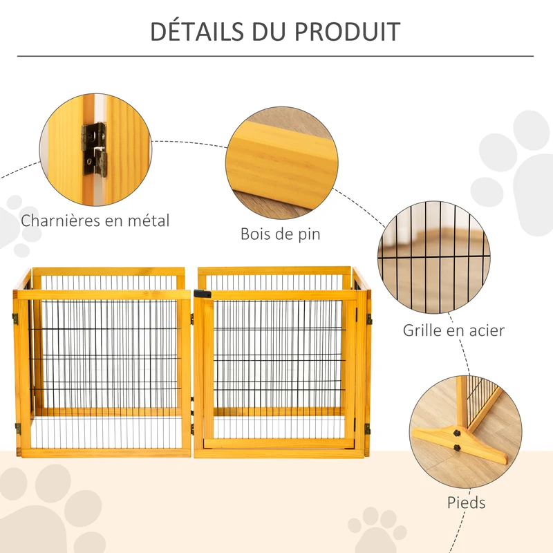 Lot de 2 barrières de sécurité pour chien modulables 432 x 36 x 70 cm pliables rustique décoratif en bois de pin jaune 21_0007503