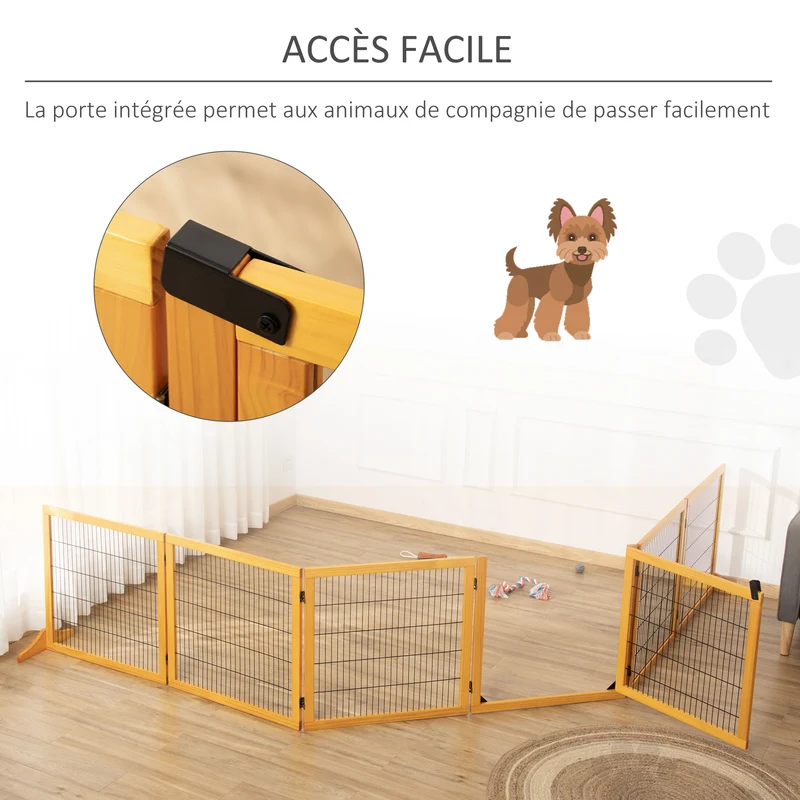 Lot de 2 barrières de sécurité pour chien modulables 432 x 36 x 70 cm pliables rustique décoratif en bois de pin jaune 21_0007503