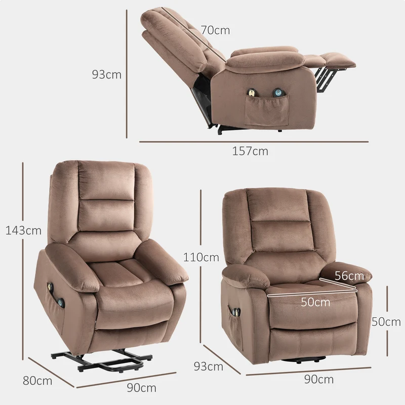 Fauteuil releveur électrique inclinable 90 x 93 x 110 cm massage chauffant aide levage moderne épuré en polyester marron 21_0000902