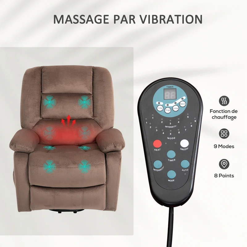 Fauteuil releveur électrique inclinable 90 x 93 x 110 cm massage chauffant aide levage moderne épuré en polyester marron 21_0000902