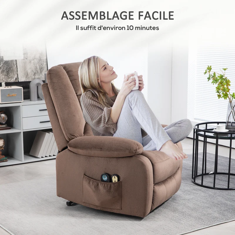 Fauteuil releveur électrique inclinable 90 x 93 x 110 cm massage chauffant aide levage moderne épuré en polyester marron 21_0000902