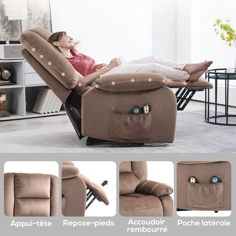 Fauteuil releveur électrique inclinable 90 x 93 x 110 cm massage chauffant aide levage moderne épuré en polyester marron 21_0000902