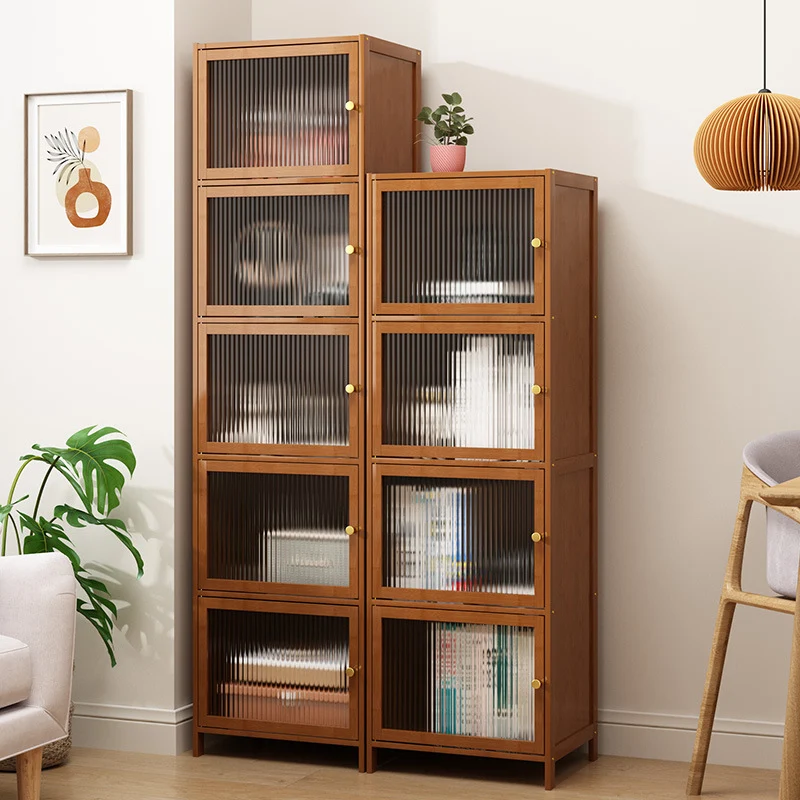 Traditional Chinese Bamboo Rattan Glass Rectangular Storage Cabinet With 2/3/4/5/6 Storage For Living Room