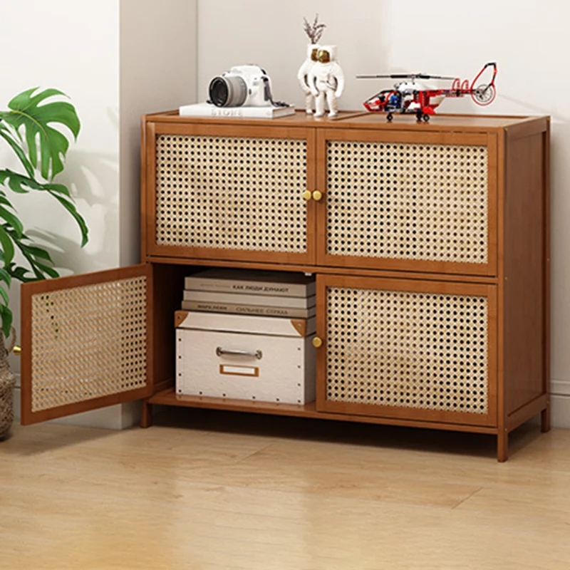 Traditional Vintage Bamboo Rattan Glass Rectangular Storage Cabinet With 2/3/4/5/6 Tiers For Living Room