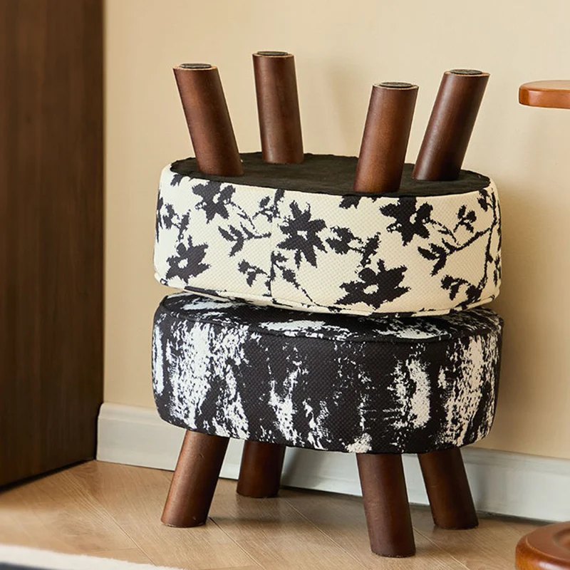 Traditional Chinese Fabric Pine Wood Round Cylindrical Low Stool For Living Room