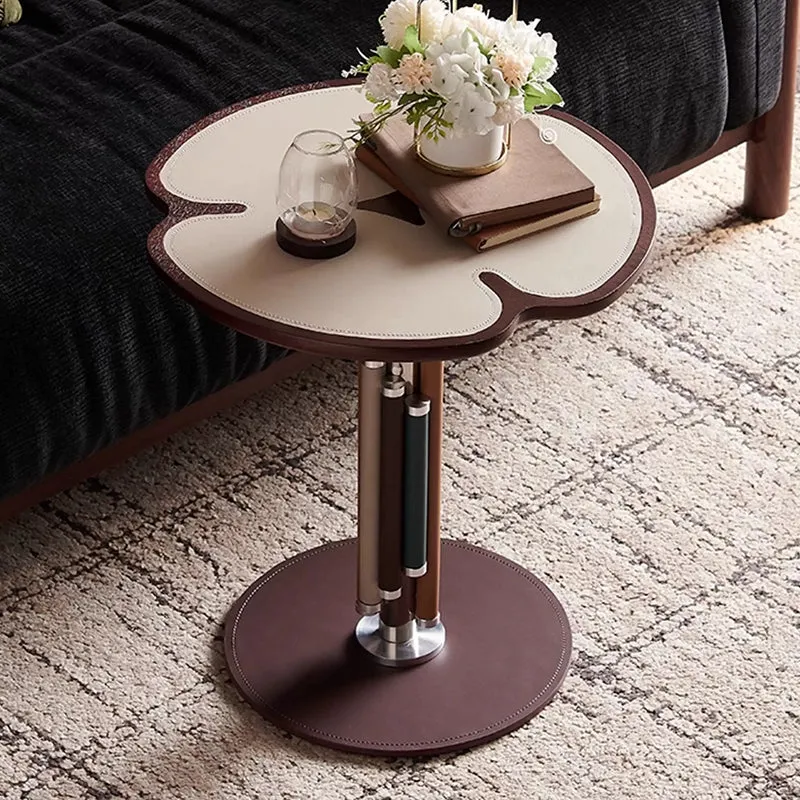 Traditional French Saddle-Style Faux Leather Stainless Steel Panel Petal Arched End Table 1-Tier For Living Room