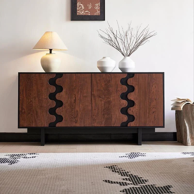 Traditional French Rubber Wood Plywood Wave Rectangular Storage Cabinet With 1/2 Storage For Living Room