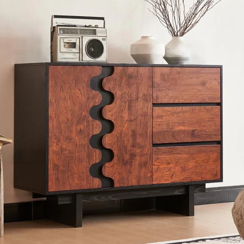 Traditional French Rubber Wood Plywood Wave Rectangular Storage Cabinet With 1/2 Storage For Living Room